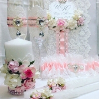 Набор на свадьбу ( изготовим в любом цвете ) Арт ПР-4 Папка для свидетельства , бокалы на свадьбу , Семейный очаг , подвязка для невесты в розовом цвете 