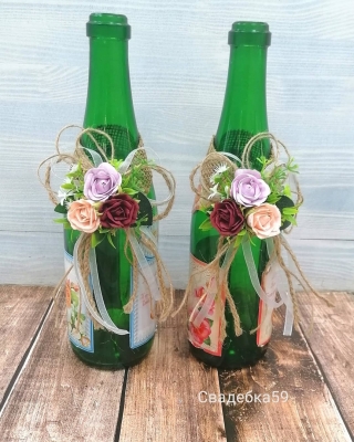 Украшение на бутылку шампанскро , свадебный декор бутылок Арт 0101