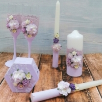 Свадебный набор для жениха и невесты . Свадебные свечи для церемонии семейный очаг , бокалы для молодоженов , шкатулка для колец в нежно сиреневом цвете Арт ПР-22