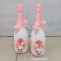 Свадебное оформление на бутылки шампанского , декор в пыльно розовом цвете Арт 0102