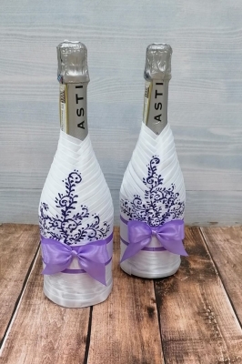 Декор на бутылки шампанского, на свадьбу в бело-синем цвете Арт 0104