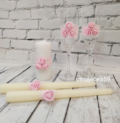 Нпбор свадебный. Бокалы и свечи для церемонии семейный очаг в розовом цвете Арт ПР-25