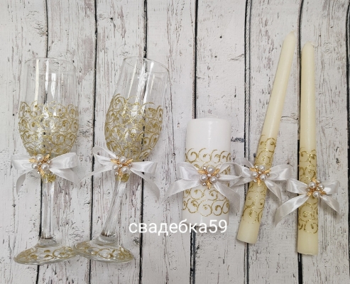 Свадебный набор в золотом цвете, свадебные свечи для церемонии семейный очаг, бокалы для молодоженов Арт ПР-26