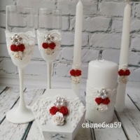 Свадебный набор в бело-красном цвете, бокалы для молодоженов, свадебные свечи для церемонии семейный очаг, шкатулка для колец Арт ПР25