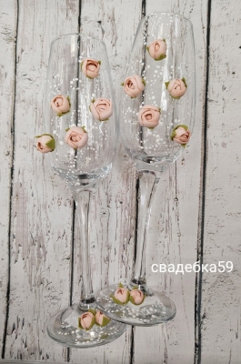 Бокалы для молодоженов в персиковом цвете на свадьбу Арт 0938