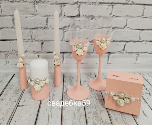 Свадебный набор, бокалы для молодоженов, свадебные свечи для церемонии семейный очаг, шкатулка для колец Арт ПР34