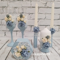 Свадебный набор в пыльно голубом цвете, бокалы на свадьбу, свечи для церемонии семейный очаг, шкатулка для колец с нежным кружевом и цветами Арт ПР41