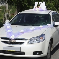 Украшение на автомобиль на свадьбу в сиреневом цвете, лебеди на крышу, лента на капот с цветами, розочки на ручки Арт КМ-006