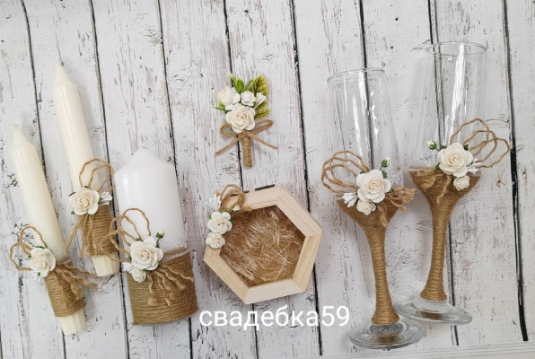 Свадебный набор в эко стиле, бокалы для невесты и жениха, свадебные свечи для церемонии семейный очаг, шкатулка для колец, бутоньерка для жениха Арт ПР42