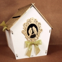 Семейный банк домик с птичками бело золотой для денежных подарков на свадьбу Арт 000190