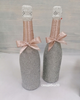 Декор на свадебные бутылки шампанского, серебряные блёстки Арт 0110