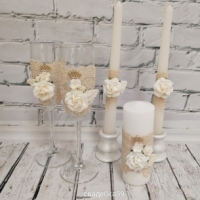 Свадебный набор в бежевом цвете, бокалы для невесты и жениха, свечи для церемонии семейный очаг Арт ПР-32