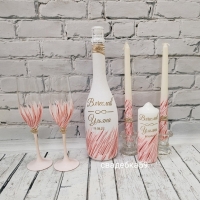 Свадебный набор в пыльно розовом и бордовом цвете, свадебные бокалы для жениха и невесты, свечи для церемонии семейный очаг, декор на бутылку шампанского Арт ПР47