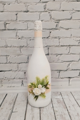Декор на свадебное шампанское в персиком цвете, бутылка 1.5 литра Арт 0113