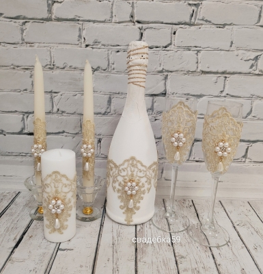 Свадебный набор в золотом цвете, декор на шампанское,бокалы для невесты и жениха, свечи на свадьбу Арт ПР51