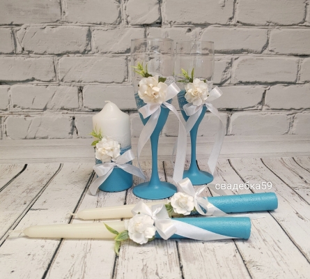 Набор на свадьбу в бирюзовом цвете, бокалы для молодоженов, свадебные свечи для церемонии семейный очаг Арт ПР-40