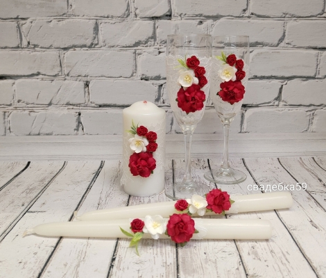 Набор на свадьбу в красном цвете, свечи для церемонии семейный очаг, бокалы свадебные для жениха и невесты Арт ПР-41