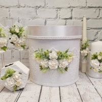 Набор на свадьбу в белом цвете с цветами и зеленью, свадебные бокалы для невесты и жениха, шкатулка для колец, свечи для церемонии семейный очаг, свадебная казна для конвертов Арт ПР 55