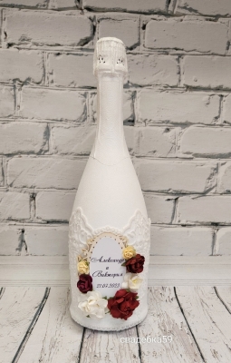 Декор на бутылку шампанского на свадьбу в бордовом цвете (изготовим в любом цвете) Арт 0116