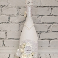 Декор на бутылку шампанского на свадьбу в бордовом цвете (изготовим в любом цвете) Арт 0117