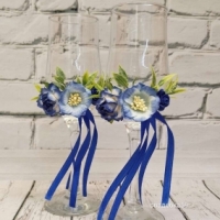 Свадебные бокалы для молодоженов в синем цвете с цветами Арт 0949