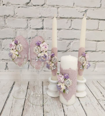 Набор на свадьбу в лавандовом цвете с цветами и брошью, свадебные бокалы для молодоженов, свечи для церемонии семейный очаг Арт ПР-44