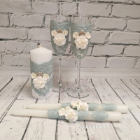 Свадебный набор в пыльно-бирюзовгм цвете с цветами и брошью, бокалы для жениха и невесты,свечи для церемонии семейный очаг Арт ПР-46