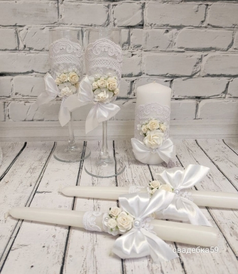 Набор на свадьбу в белом цвете с цветами и кружевом, бокалы для молодоженов, свечи свадебные для церемонии семейный очаг Арт ПР-47