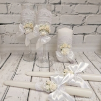 Набор на свадьбу в белом цвете с цветами и кружевом, бокалы для молодоженов, свечи свадебные для церемонии семейный очаг Арт ПР-47