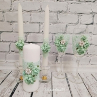 Набор на свадьбу в мятном цвете с цветами,кружевом и брошью ,бокалы для невесты и жениха, свечи для церемонии семейный очаг Арт ПР-48