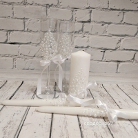 Свадебный набор в белом цвете с перламутровым жемчугом, бокалы для жениха и невесты, свечи для церемонии семейный очаг Арт ПР-49