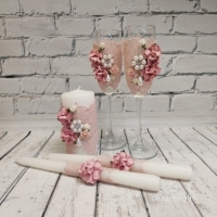 Набор на свадьбу в пыльно-розовом цвете с цветами, кружевом и брошью, свадебные свечи для церемонии семейный очаг, бокалы на свадьбу для невесты и жениха Арт ПР-50