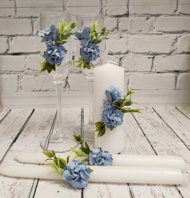 Набор на свадьбу в пыльно-голубом цвете с цветами и кружевом, свадебные бокалы для молодоженов, свечи для церемонии семейный очаг Арт ПР-53