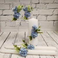 Набор на свадьбу в пыльно-голубом цвете с цветами и кружевом, свадебные бокалы для молодоженов, свечи для церемонии семейный очаг Арт ПР-53
