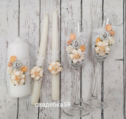 Свадебный набор в персиковом цвете, бокалы для невесты и жениха, свечи на свадьбу для церемонии семейный очаг Арт ПР-55