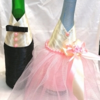 Бутылки на свадьбу , декор на шампаское для жениха и невесты в розовом цвете  Арт 0108
