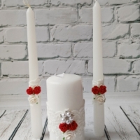Свадебные свечи для церемонии семейный очаг в бело-красном цвете Арт 00144