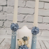 Свадебные свечи для церемонии семейный очаг в пыльно голубом цвете с кружевом и цветами Арт 00161