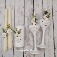 Свадебный набор, бокалы для жениха и невесты, свечи на свадьбу для церемонии семейный очаг, в белом цвете с зеленью и цветами Арт ПР-30