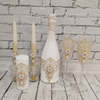 Свадебный набор в золотом цвете, декор на шампанское,бокалы для невесты и жениха, свечи на свадьбу Арт ПР51