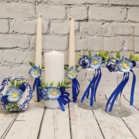 Набор на свадьбу в синем цвете с цветами, свадебные бокалы для молодоженов, свечи для церемонии семейный очаг, свадебная шкатулка для колец Арт ПР56