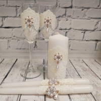 Набор на свадьбу в молочном цвете с кружевом и брошью, свадебные бокалы для жениха и невесты, свечи для церемонии семейный очаг Арт ПР-54