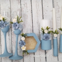 Набор на свадьбу в пыльно-голубом цвете с цветами и кружевом, бокалы для молодоженов, шкатулка для колец, свечи для церемонии семейный очаг Арт ПР-54